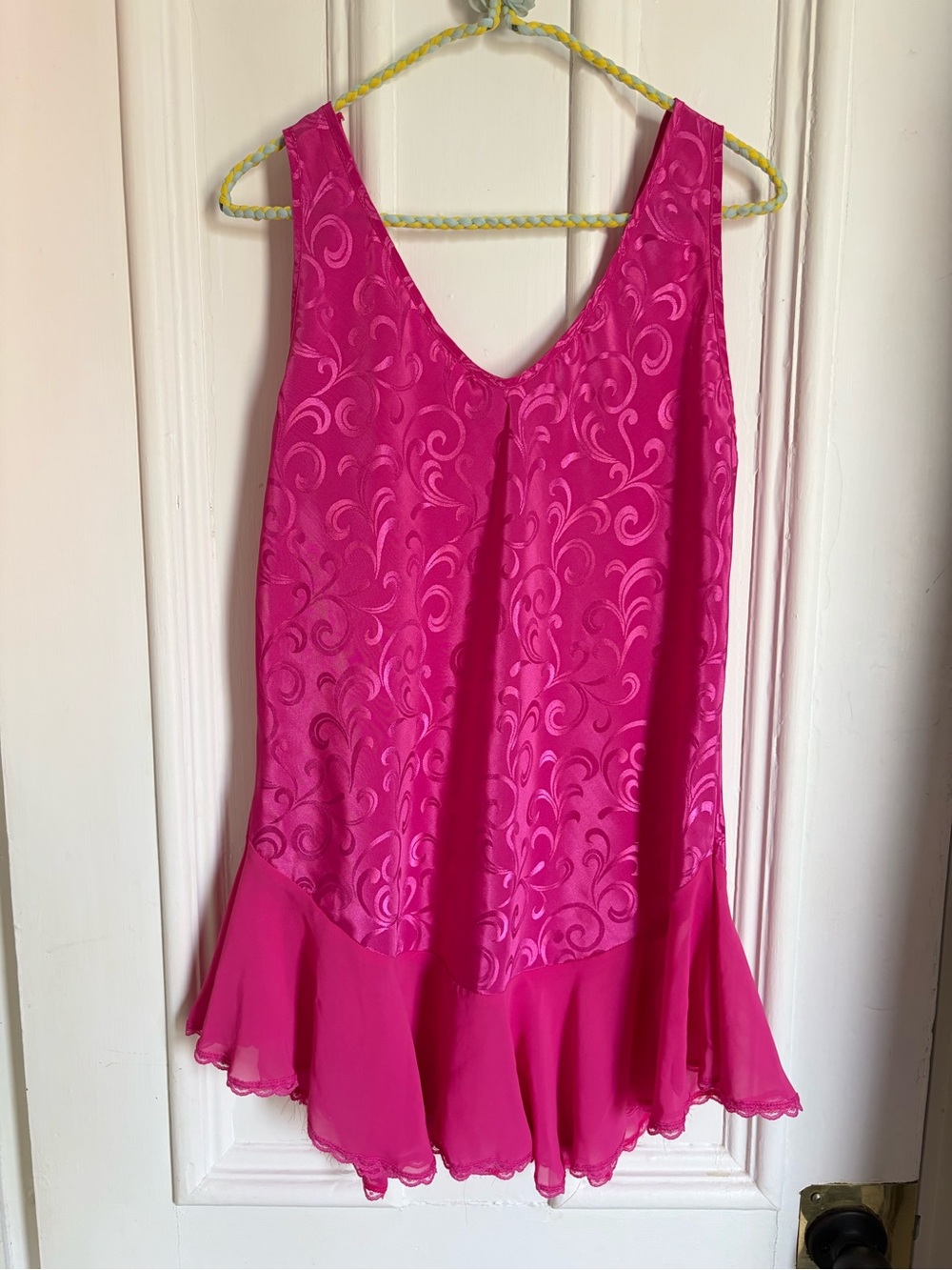 Vintage Hot Pink Slip Dress with Sheer Ruffle Trim Size Small Fits Medium/Large